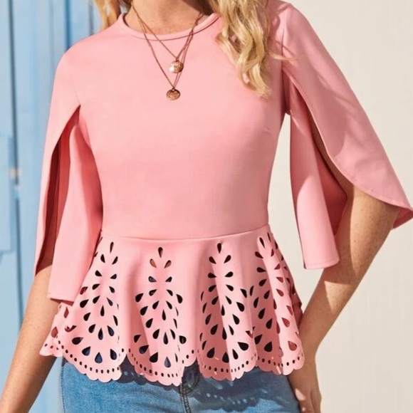 Tops - NEW Boutique! Pink Cloak Sleeve Laser Cut Top